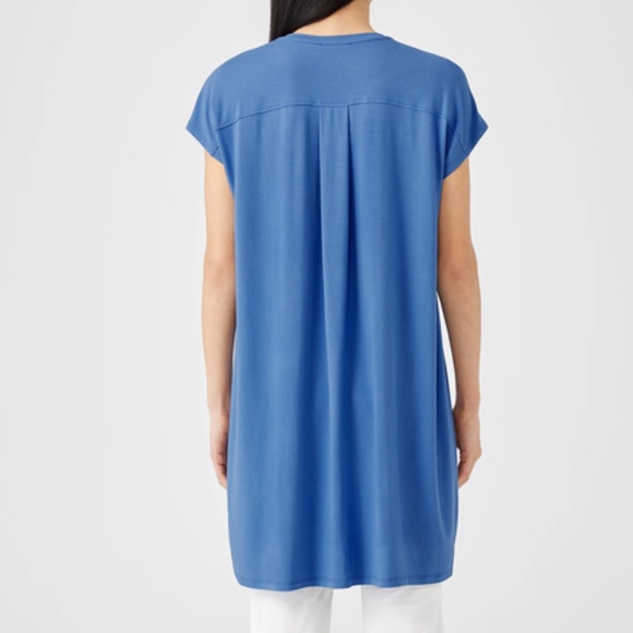 Eileen Fisher Crew Neck Cap Sleeve Long Shirt/Boxy Dress in Light Coast NEW - Picture 2 of 2